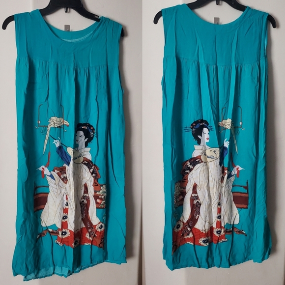 Novelty Japanese "Lady & Parrot" Vintage 90's Turquoise Summer Dress - Picture 2 of 7